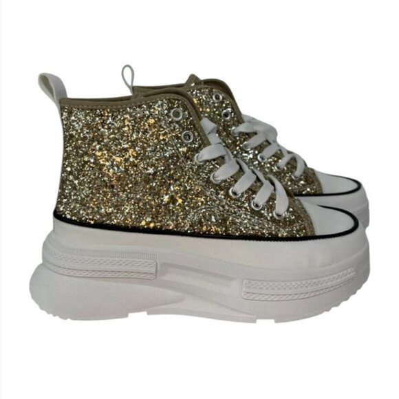 MATA / Rave Nights / Glitter High-Top / Platform / Sneakers / Gold & White - Picture 3 of 11